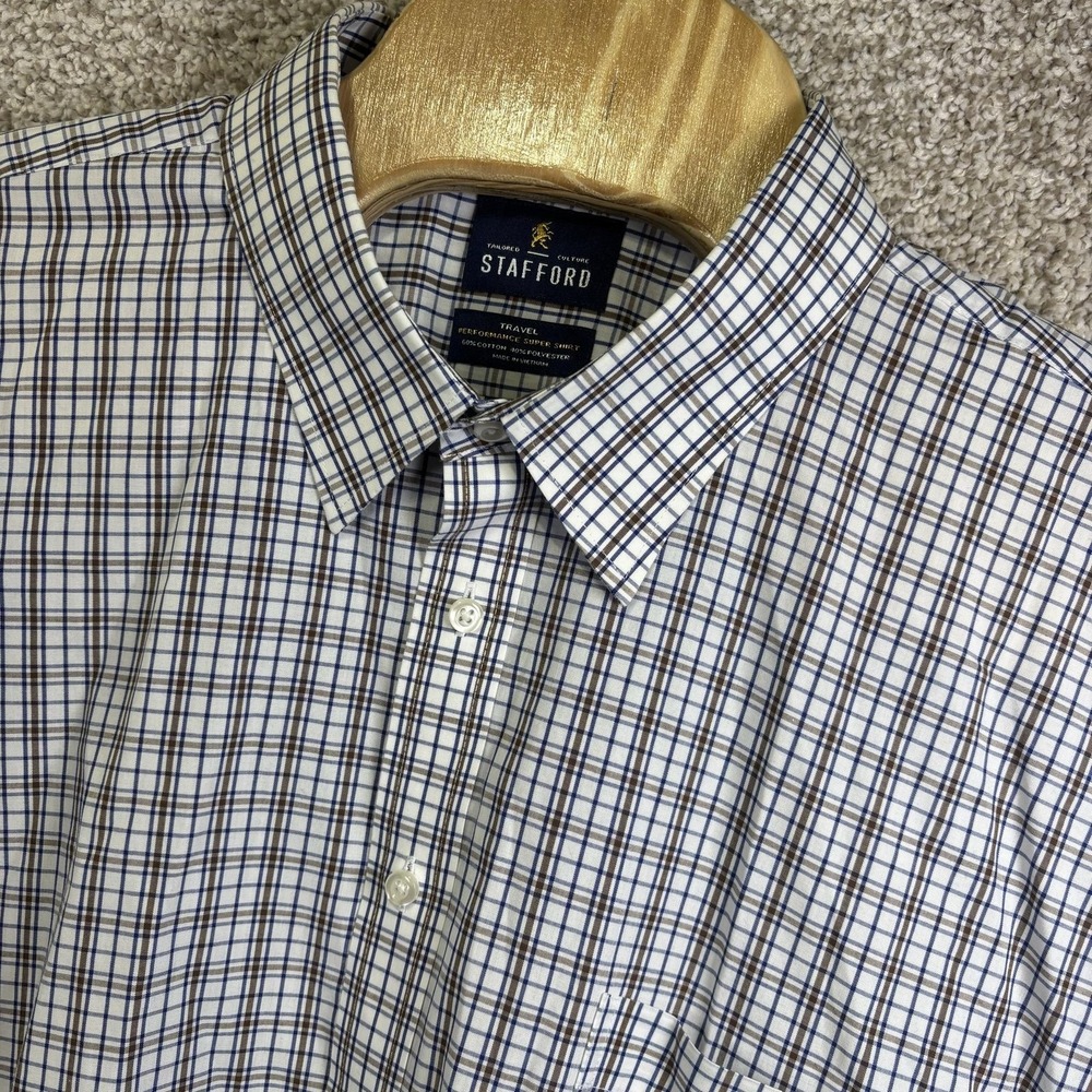 Stafford Mens 19 36/37 Big Blue Check Travel Dress Shirt Long Sleeve Classic Fit